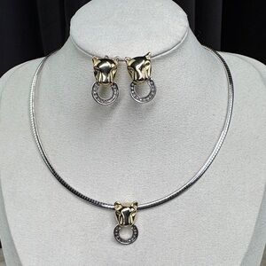 Vtg Panther Door Knocker Style Necklace & Earrings Set 10k, SS, Diamond Accents
